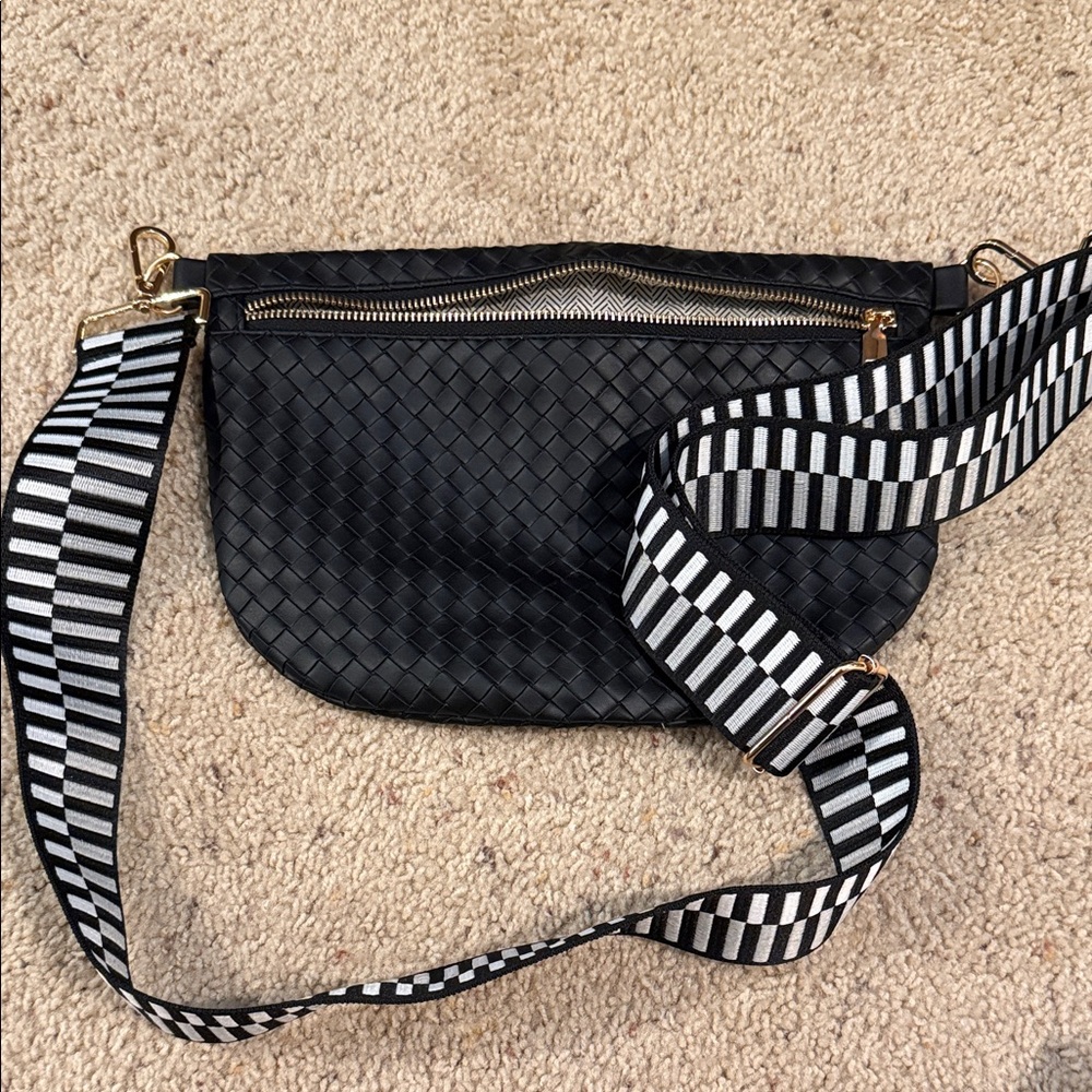 Black Woven Crossbody Bag with Striped Strap